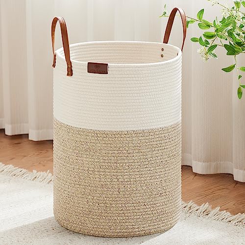 Image of VIPOSCO Tall Laundry Basket, Large Dirty Clothes Hamper with Leather Handle, Woven Rope Storage Basket for Blanket, Toy In Living Room, Bathroom, Bedroom - 100L White & Brown