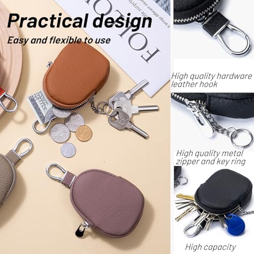 Leather Zipper Coin Purse Wallet With Keychain, Coin Organizer, Change Holder,Mini Leather Zipper Storage Bag for Men & Women (Black)4