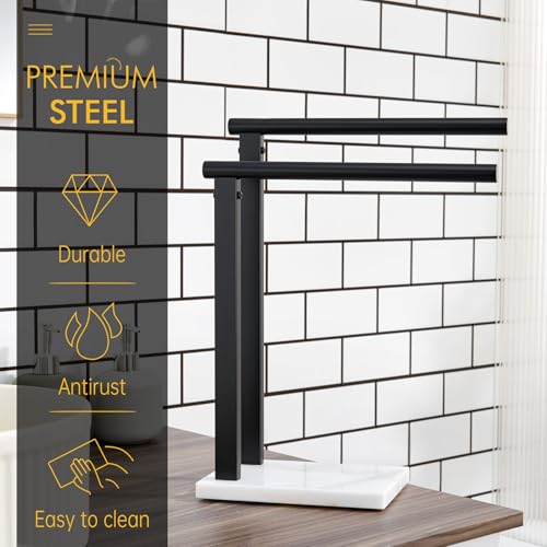 Image of KOKOSIRI Hand Towel Racks Stand Towel Holder 2-Tier with Marble Base for Bathroom Vanity Countertop, Matte Black Stainless Steel 15.7'' Height THS0007-BK