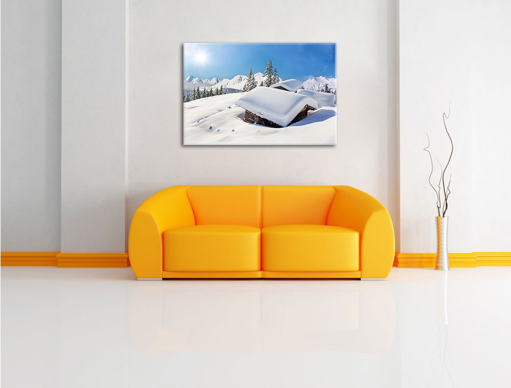 Pixxprint Verschneite Berghütten in den Alpen, Größe: 120x80cm, Leinwandbild, fertig gespannt, Wandbild, Dekoration, Kunstdruck, kein Poster