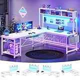 SEDETA White L Shaped Gaming Desk, Reversible Corner With Power Outlet and Pegboard, Hutch, Storage Shelf, Keyboard Tray, and LED Lights for Home Office