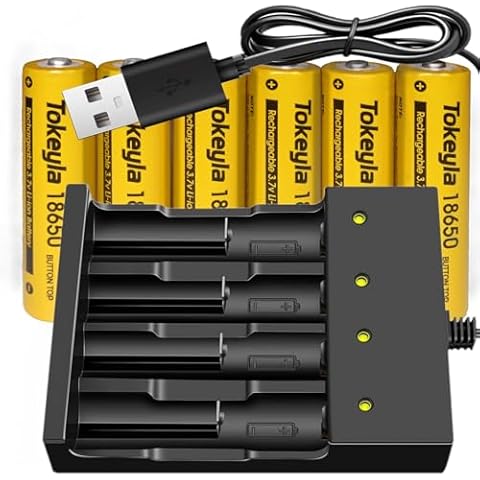 6pcs 1￵8￵6￵50 Rechargeable Batter￵y 5000mAh W￵i￵th 18650 Battery Charger,Universal Charger for Rechargeable 3.7V Li-ion Batteries 26650 14500 10440 Tokeyla (Button Top Type) Cover