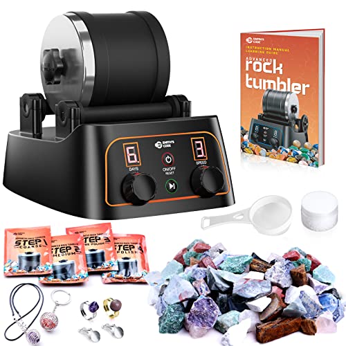 Brave Finder Professional Rock Tumbler Kit - Rock Polisher Tumbler Kit with Digital 9-Day Polishing Timer & 3 Speed Settings,4 Polishing Grits, Rough Gemstones, Stem Science Kit for Adults Kids