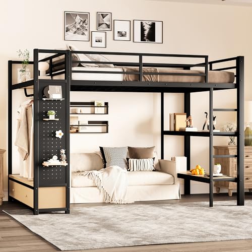 Image of Bellemave Full Size loft Bed with Wardrobe and Storage Shelves and Pegboard Drawers, Metal Full Loft Bed Frame for Adults, Kids, Teens, Black