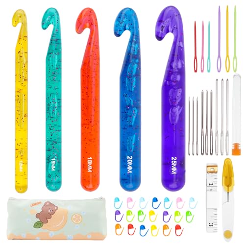 Image of BsHooker 43Pcs Crochet Hooks Set,Plastic Crystal Crochet Hook with Case,5 Sizes Large Crochet Hooks for Chunky Yarn Ergonomic Crochet Needles for Beginners and Crocheting Yarn,12mm-25mm