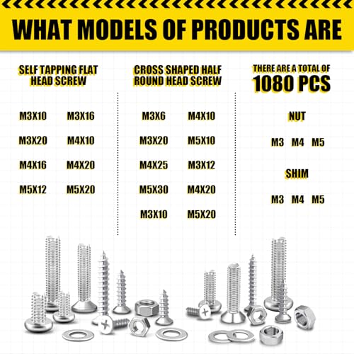 QPEY Nuts and Bolts Assortment Kit, 1080 Pcs M3 M4 M5 Metric Machine Screws and Nuts and Flat Washers Set, Small Hardware Hex Head Bolt and Nut Assortment
