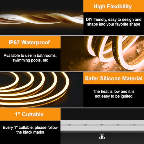 Image of Neon Rope Lights, Dimmable LED Strip Light, Warm White, 32.8ft