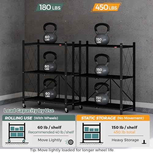 Image of DEANIC 3 Tier Foldable Storage Shelves with Wheels, Kitchen Appliance Stand, Freestanding Metal Wire Shelf Rack, No Assembly Organizer Rolling Cart for Garage, Basement, Pantry (Black)