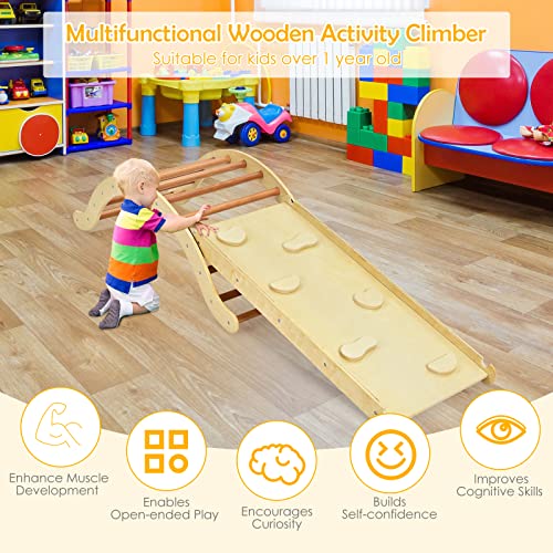 COSTWAY 3-in-1 kinderen klimladder set, houten boog klimdriehoek met glijbaan, veelzijdige kinderen klimboog speelset… - Afbeelding 5