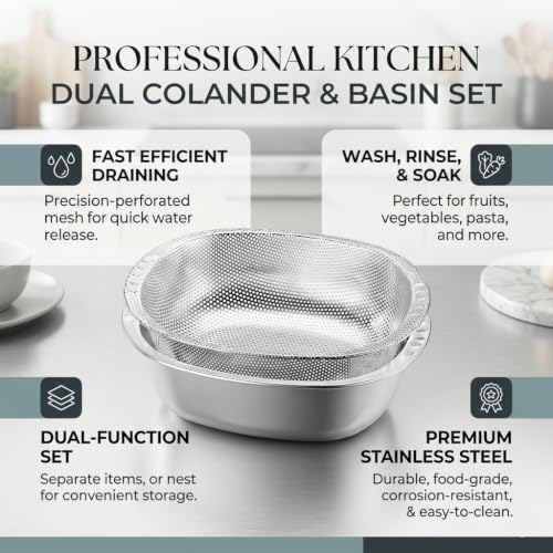 Image of Alark 2 Piece Stainless Steel Microporous Colander Mixing Bowl Set Large Vegetable & Fruit Washing Strainer Basket Rice Pasta Salad Drainer Heavy Duty Dishwasher Safe Kitchen Colander Bowl Combo