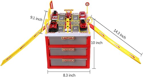 Miniatura 4 de Juego de garaje de juguete para estacionamiento con tobogán bidireccional, 6 coches, mapa, caja de almacenamiento, juego interactivo de autos de