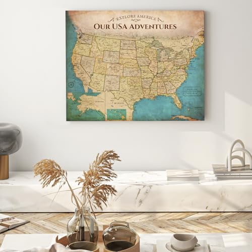 Image of DECORARTS - Large Push Pin Travel Map USA, US Maps for Wall, Antique Vintage Old United States Pin Board Canvas, Giclee Print, Handcrafted in USA, 35x28''