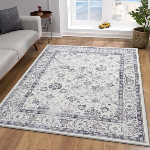 MOONLIGHT20015 Washable Small Bedside Rug 40x60cm - Soft Short Pile Grey Area Rugs For Bedroom Entrway Non Slip Floor Carpet Traditional Vintage Design Cashmere Door Mat For Kitchen Bathroom, Serene
