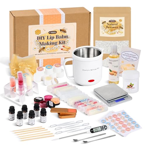 CXOZO DIY Lip Balm Making Kit - Make Your Own Lip balm with Electric Wax Melter. Natural Beeswax Shea Butter Sweet Almond Oil 6 Essential Oils 4 Mica Colors. Great Gift for adults and girls.