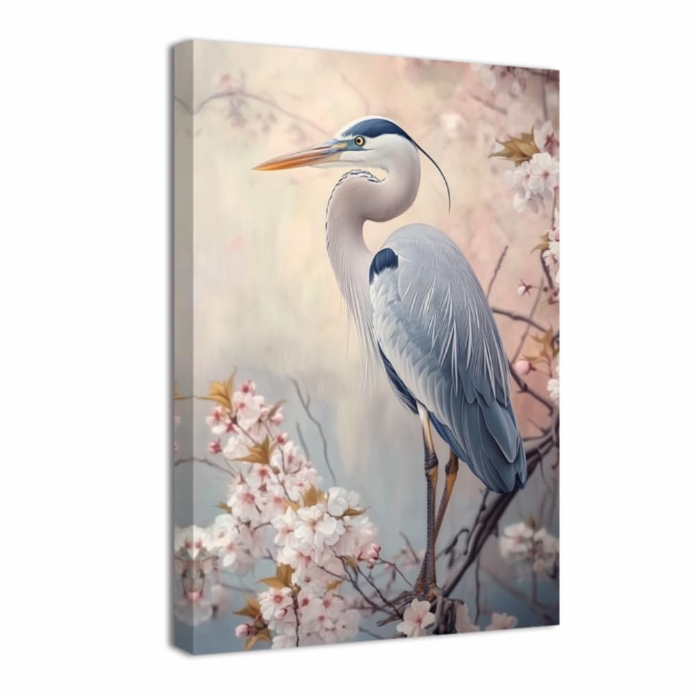 ZQQART Coastal Heron Wall Art Crane Canvas Prints Ocean Bird Painting Seaside Wildlife Pictures Beach House Bathroom Decor Framed(Pink,16L x 24W)