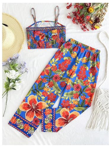 Image of Floerns Girl's 2 Piece Outfit Hawaiian Tropical Crop Cami Tops and Boho Pants Set