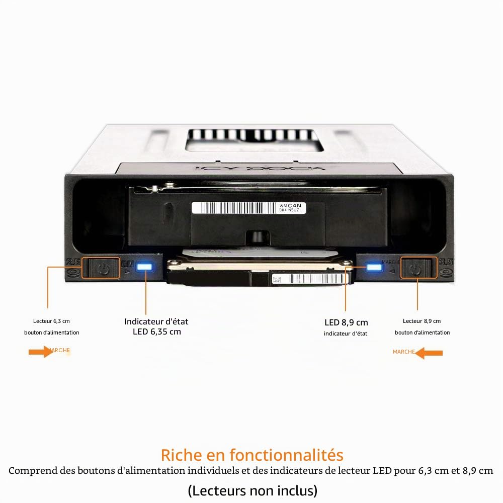 ICY DOCK Station d'accueil Rack Hot swappour 1 SSD / HDD 2,5" SATA et 1 Disque Dur HDD 3,5" SATA /SAS sans Plateau pour Baie de 5,25" - flexiDOCK MB795SP-B