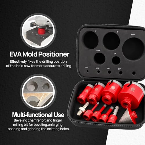Image of Diamond Core Drill Bit Set - FOCSTOL 10pcs (6 /8 /10 /25 /35 /50 /65mm+10mm Finger Milling Bit+50mm Beveling Chamfer Bit+Hex) Hole Saw Kit for Porcelain Ceramic Tile Marble Granite with 5 /8''-11 Thread