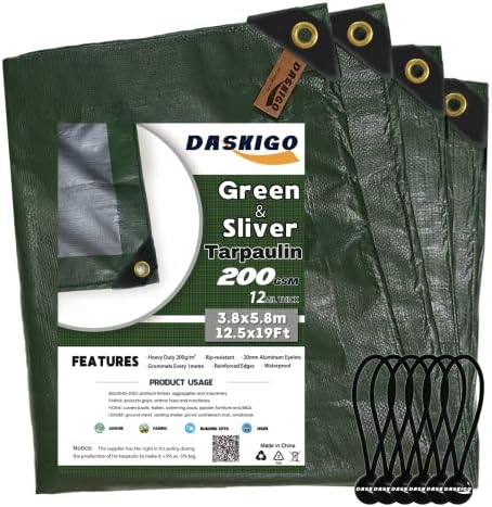 DASKIGO 4 x 4M Heavy Duty 200GSM White Reinforced Tarpaulin Cover Waterproof Tarp Sheet & 6 Pcs Bungee Balls