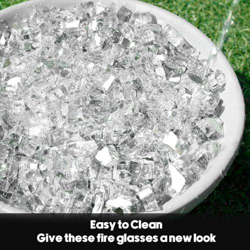 Skyflame 15LB Fire Pit Glass, High Luster Tempered Fire Glass Pellets for Fire Pit Table and Fire Bowl, 1/2-Inch Platinum