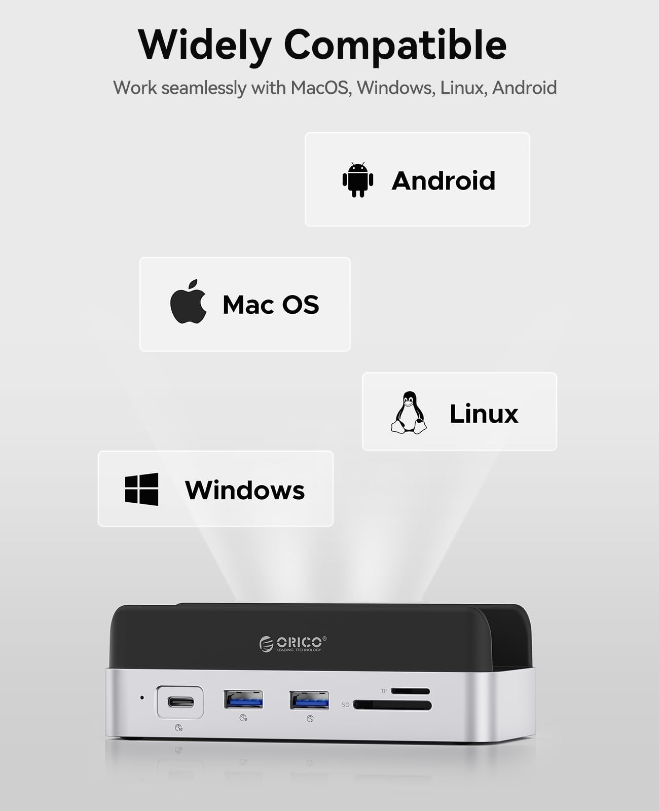 ORICO MiniDock Station d’Accueil pour Mac Mini M4/M4 Pro 2024, Support Vertical avec hub HDMI et boîtier SSD M.2 NVMe, 4K@60Hz HDMI, 10G USB A/C, 2×5G USB A, Charge USB-C, SD/TF, RJ45