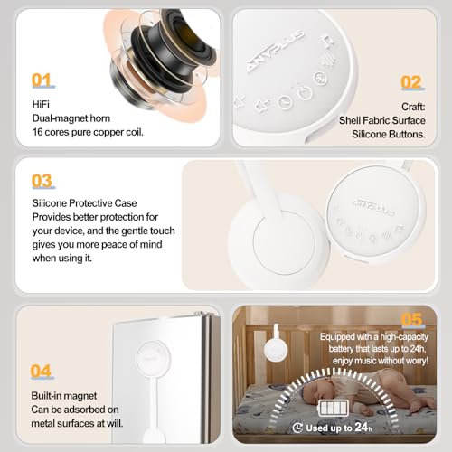 Image of White Noise Sound Machine for Sleeping Adults & Baby, Portable Noise Machine with 24 Soothing Sounds, Bluetooth 5.1, Battery Powered, 3 Timer Settings, Memory Function for Home, Office, Travel (White)