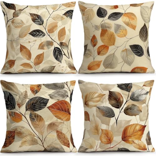 ORMAN Fall Leaf Pillow Covers 18x18 Inch Set of 4 Autumn Decor Throw Covers