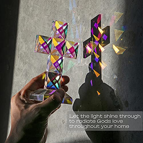 Qfkris Colorful Crystal Cross Standing 5'' Tall Traditional Cross Figurine Glass Craft Memorial Gifts Christian Decor #TOP5