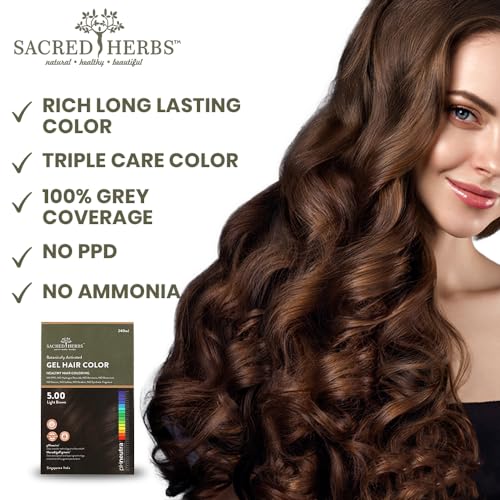 Image of SACRED HERBS Natural Gel Hair Color, Premium Pack | India's 1st pH Neutral Formula | Ammonia, PPD & Paraben Free | 20+ Herbal Actives, 100% Grey Coverage | Conditioning & Damage Free, For Women | LIGHT BROWN 5.00 | Pack of 2 ( 240ml + 20gm, EACH )