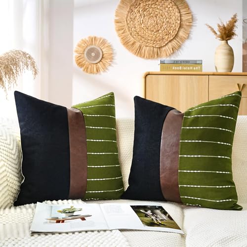 cygnus Decorative Pillow Covers 18x18,Black Linen and Striped Throw Pillow Covers with Dark Brown Faux Leather Accent,Boho Farmhouse Square Cushion for Couch Sofa Livingroom,Olive Green
