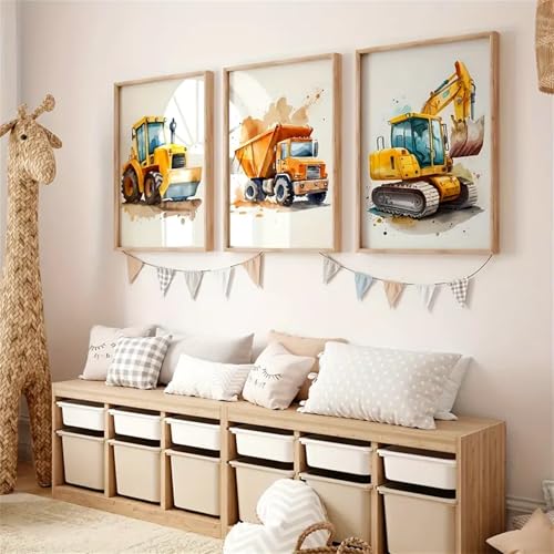 Uixxducc 3er Set Bilder Poster Kinderzimmer Baufahrzeuge Baumaschinen Bagger Bilder Set Junge Mädchen Wandbilder Deko Babyzimmer Kinderbilder Premium Ohne Rahmen