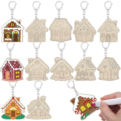 Trnayi 36 Pcs Gingerbread House Unfinished Wooden Keychains Color Your