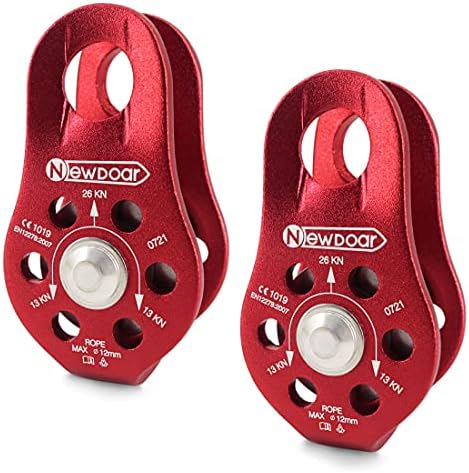 NewDoar Fixed Plate Micro Pulley,26KN CE Certified General Purpose Small Aluminum Rope Pulleys for Climbing/Aloft Work/Rappelling/Rescue Etc(26KN Red 2pcs)