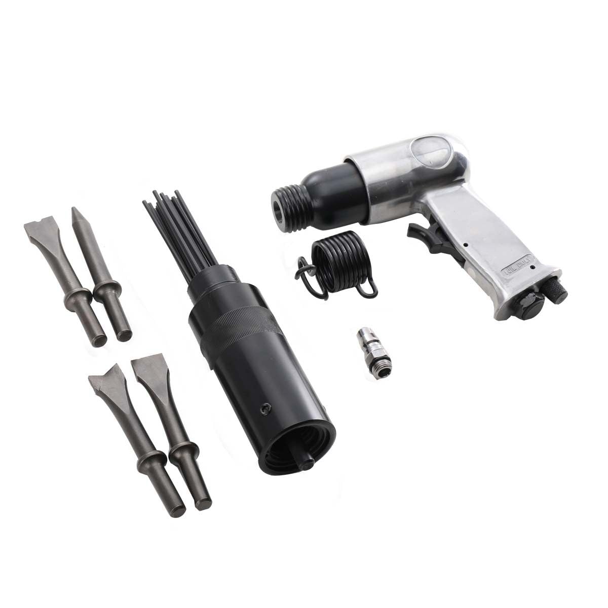 Druckluft-Meißelhammer -Set Druckluftmeißel Satz mit 4-tlg Meißeleinsätze und Nadelentroster für Stein + Metall, Rostentferner Set Schlaghammer Drucklufthammer Werkstatt Werkzeuge