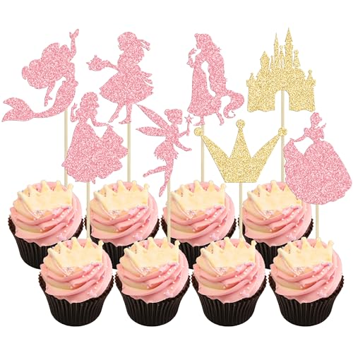 Ephlyn 24Pcs Mermaid Princess Cupcake Toppers Glitter Castle Girl Birthday Cupcake Picks for Mermaid Theme Baby Shower Girl Party Supplies Pink