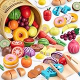 45 Pcs Wooden Play Food for Kids Kitchen, Pretend Cutting Fruit Vegetable Toys with Storage Bucket, Montessori Gift for 3 4 5 6 Year Old Boys Girls