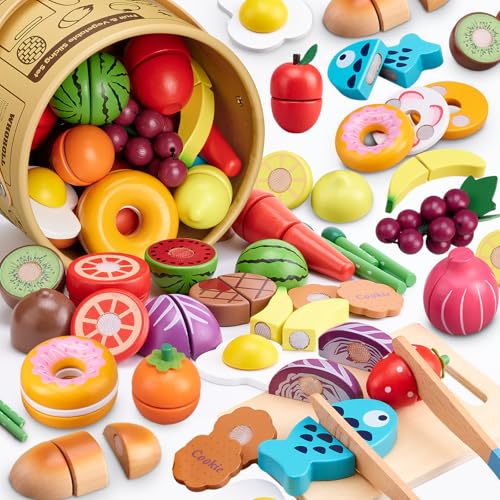 45 Pcs Wooden Pretend Play Food Set for Kids Kitchen - Realistic Cutting Fruits & Veggies with Easy-Cleanup Storage Bucket Montessori Learning Toy Gift for Toddlers Ages 3-6