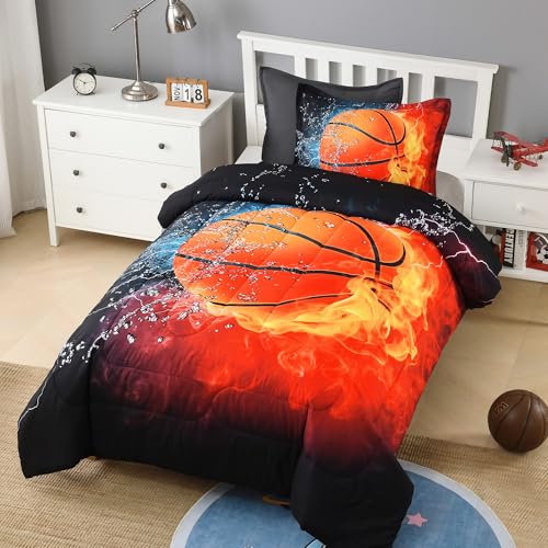 Image of Andency 3D Basketball Comforter Twin(66x90 Inch), 2 Pieces(1 Basketball Comforter, 1 Pillowcase) Sport Polyester Bedding Set for Kids Boys Teens