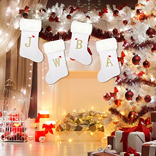 Tokforty 20 Inches White Velvet With White Super Soft Plush Cuff Monogram Christmas Stockings, Xmas Personalized Embroidered Letter Stockings For Family Holiday Decorations And Xmas Tree Fireplace（J） #TOP6