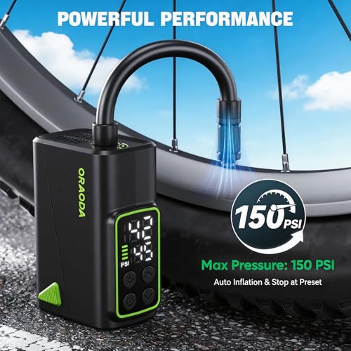 Image of Electric Bike Pump, Fast-Inflation Mini Tire Inflator 150PSI with Gauge, Brushless Motor Rechargeable Cordless Air Pump for Presta & Schrader Valves, for Road /Mountain Bikes, Motorcycles, Balls