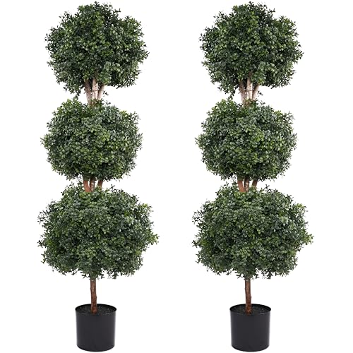 2 Pack Artificial Topiary Ball Tree Outdoor, 4.7FT Fake Topiary Triple Ball Boxwood Trees, 57inch...