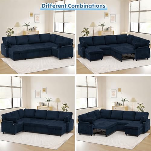 Image of 110 inch Chenille Reversible Sectional Sofa w /Pull Out Bed & Storage Chaise, U Shaped Couch w /Storage Armrests & Cup Holders,Corner Sofa w /USB Charging Port & Throw Pillow for Living Room, Blue