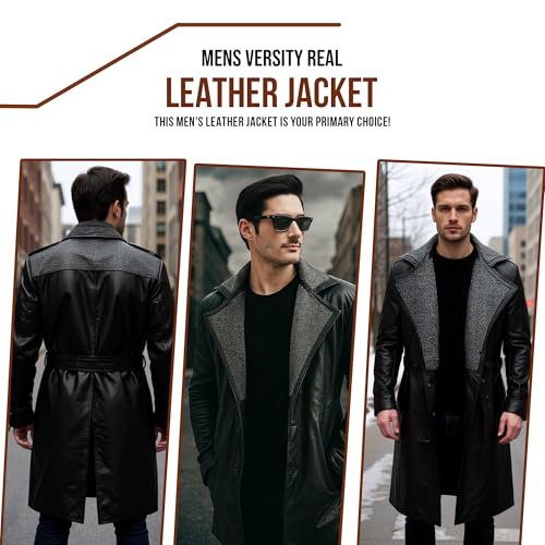 F&F Classic Men's WW2 German Military Black Belted Real Lambskin Leather Fur Collar Long Trench Winter Coat2