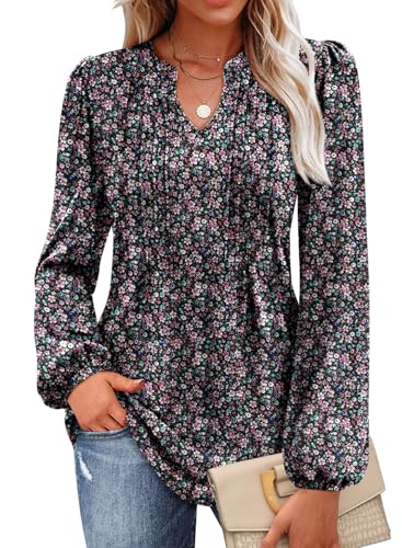 MIHOLL Women's V Neck Puff Long Sleeve T Shirts Pleated Casual Loose Tunic Blouse