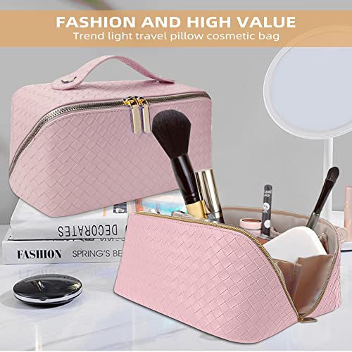 Yocetory Upgraded Travel Makeup Bag, Portable Flat Large Opening Troiletry Bag, Pu Leather Waterproof Makeup Bag, Roomy Cosmetic Bag For Women (Pink) #TOP1