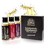 Liebesfreunde® Massageöl Geschenkset – 3 x 50 ml Wellness Öl zur Entspannung, Erotisches Massage Geschenk Set für Frauen & Männer