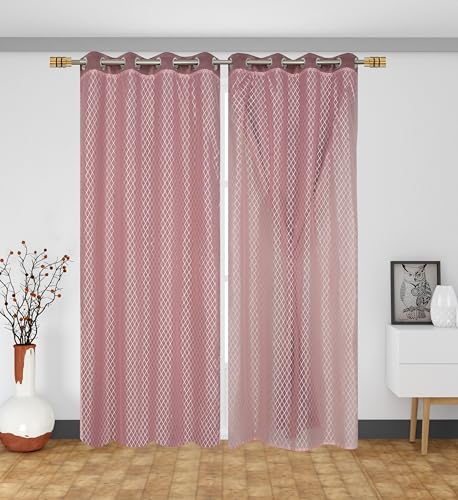 Image of IVAZA Faux Silk Hybrid Designer 100% Blackout Curtain 2-in-1 |Dual-Layer Design with Decorative Mesh Overlay & Tie Ribbon|100% Light Blocking,Thermal Insulated, Door- 7 Feet (Pack of 2) Pink