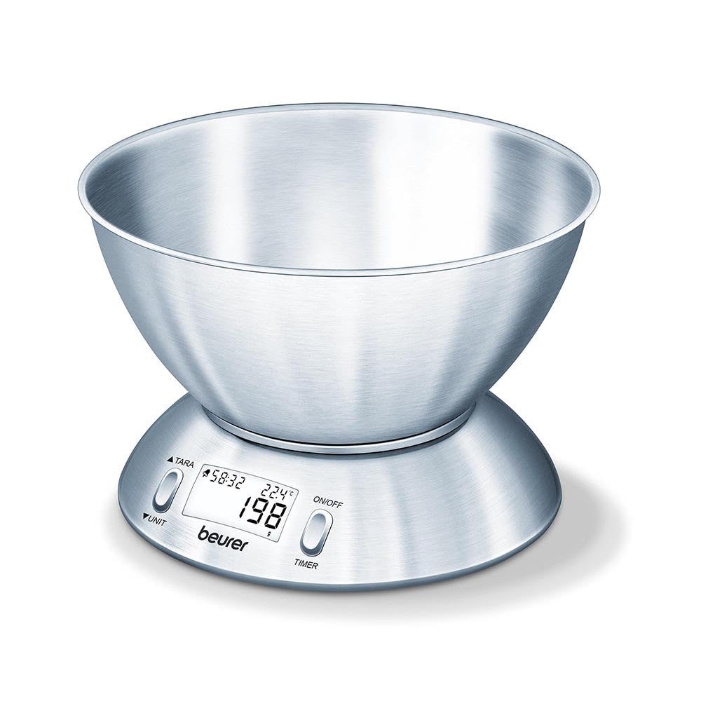 Beurer KS 54 Bilancia da Cucina, con Ciotola in Acciaio Inox Spazzolato Lavabile in Lavastoviglie, Timer Impostabile, Termometro ambientale integrato, Funzione Tara