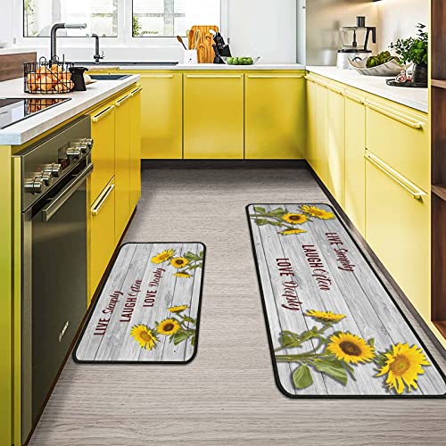 2Pcs Sunflower Kitchen Rugs Non Skid Set Of 2 Sunflower Mats For Cooking Non Slip Waterproof Standing Kitchen Runner Mats 17”X30”+17”X47” #TOP4