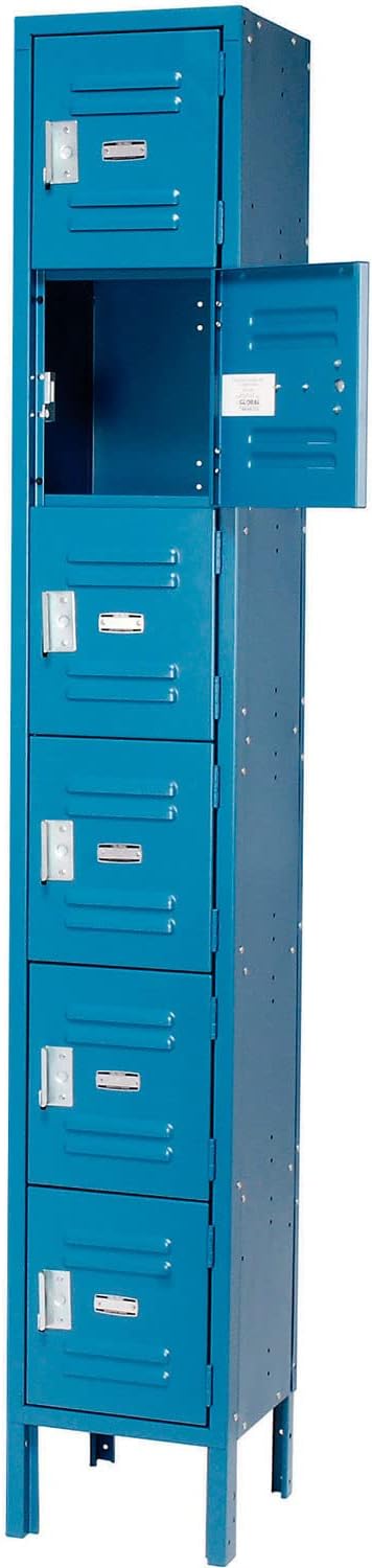 Global Industrial One-Wide Six-Tier Locker with Padlock Hasp, 12" W x 15" D x 78" H, 6 Doors, 12"x15"x12" Compartment Size, 16 Gauge Steel Construction, Unassembled, Blue